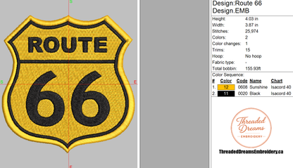 Route 66 Embroidery Design File | Digital Download | 6 Sizes & 7 Formats Included Threaded Dreams