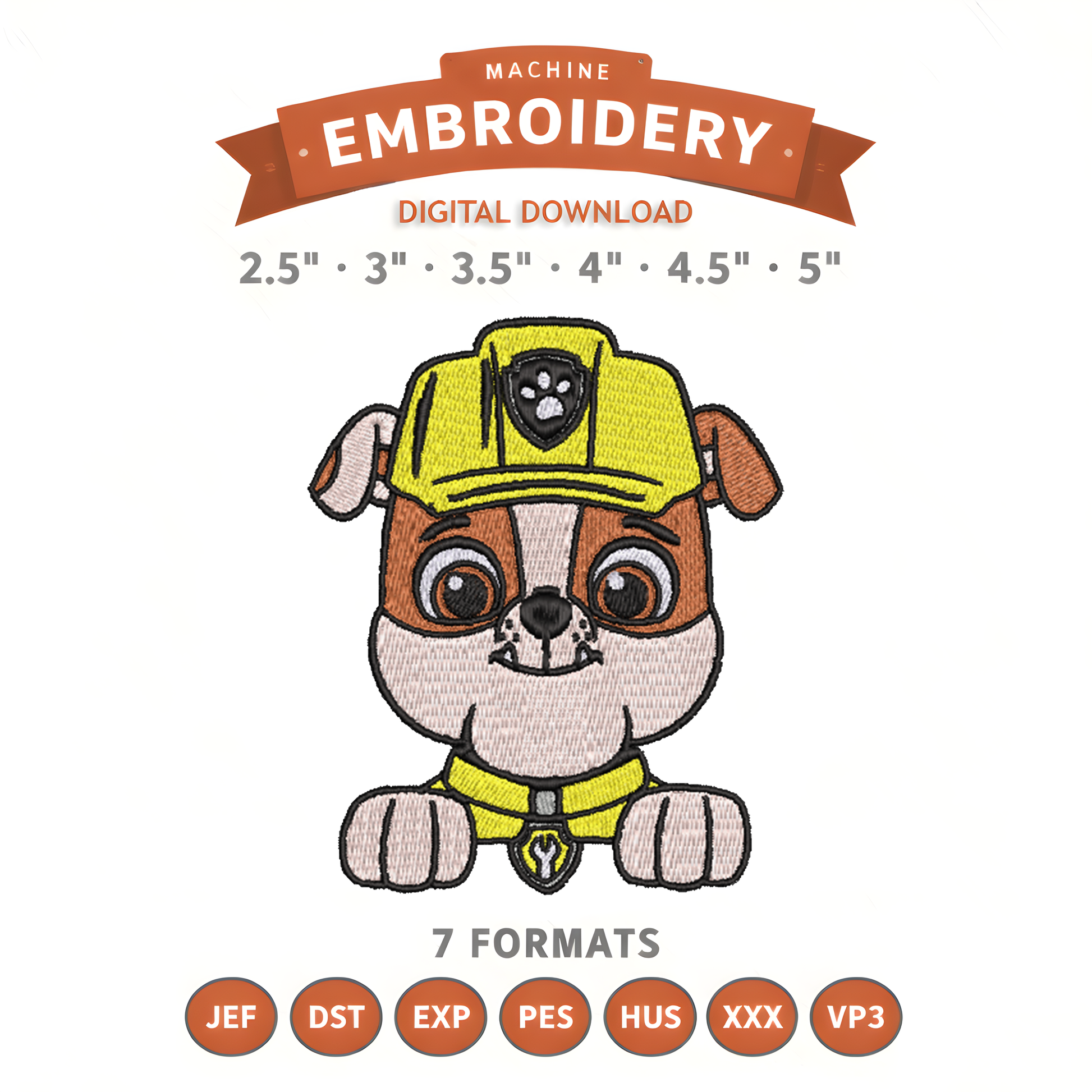 Paw Patrol Rubble Embroidery Design File | Digital Download | 6 Sizes & 7 Formats Included Threaded Dreams