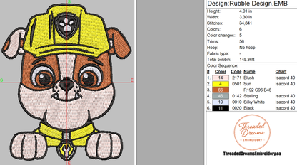 Paw Patrol Rubble Embroidery Design File | Digital Download | 6 Sizes & 7 Formats Included Threaded Dreams