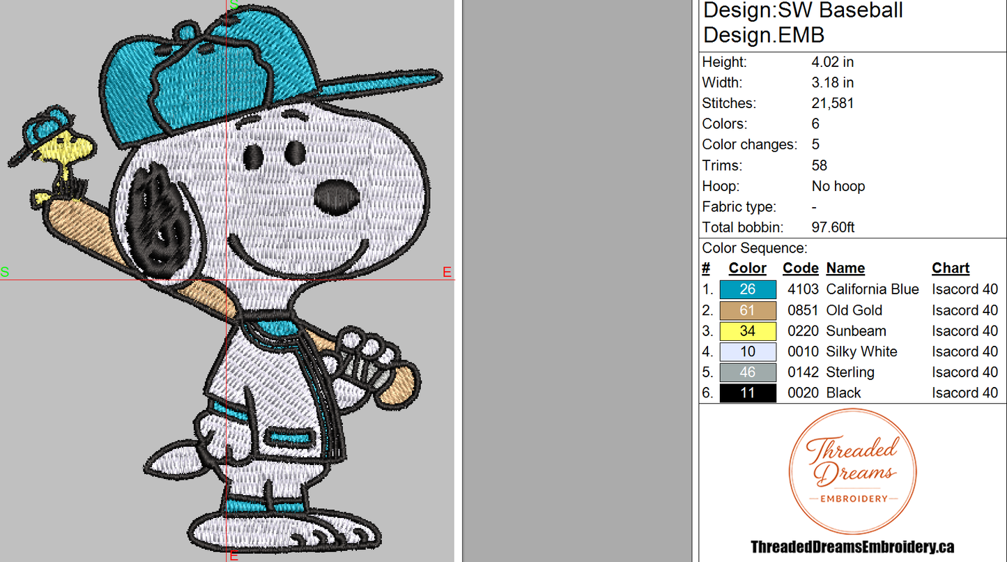 Snoopy Woodstock Baseball Embroidery Design File | Digital Download | 6 Sizes & 7 Formats Included Threaded Dreams