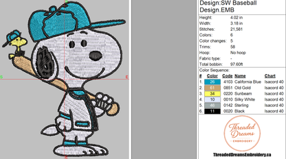 Snoopy Woodstock Baseball Embroidery Design File | Digital Download | 6 Sizes & 7 Formats Included Threaded Dreams