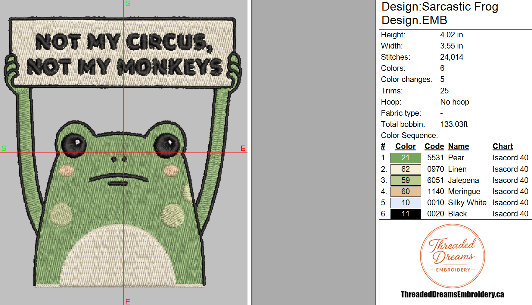 Sarcastic Frog Embroidery Design File | Digital Download | 6 Sizes & 7 Formats Included Threaded Dreams