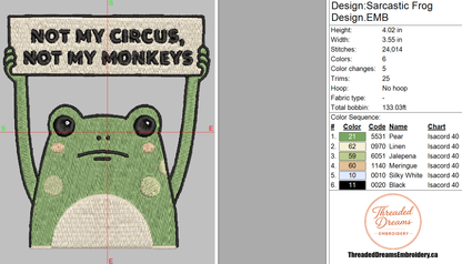Sarcastic Frog Embroidery Design File | Digital Download | 6 Sizes & 7 Formats Included Threaded Dreams