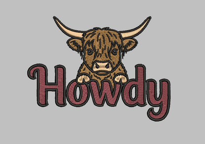 Howdy Highland Cow Embroidery Design File | Digital Download | 6 Sizes & 7 Formats Included Threaded Dreams
