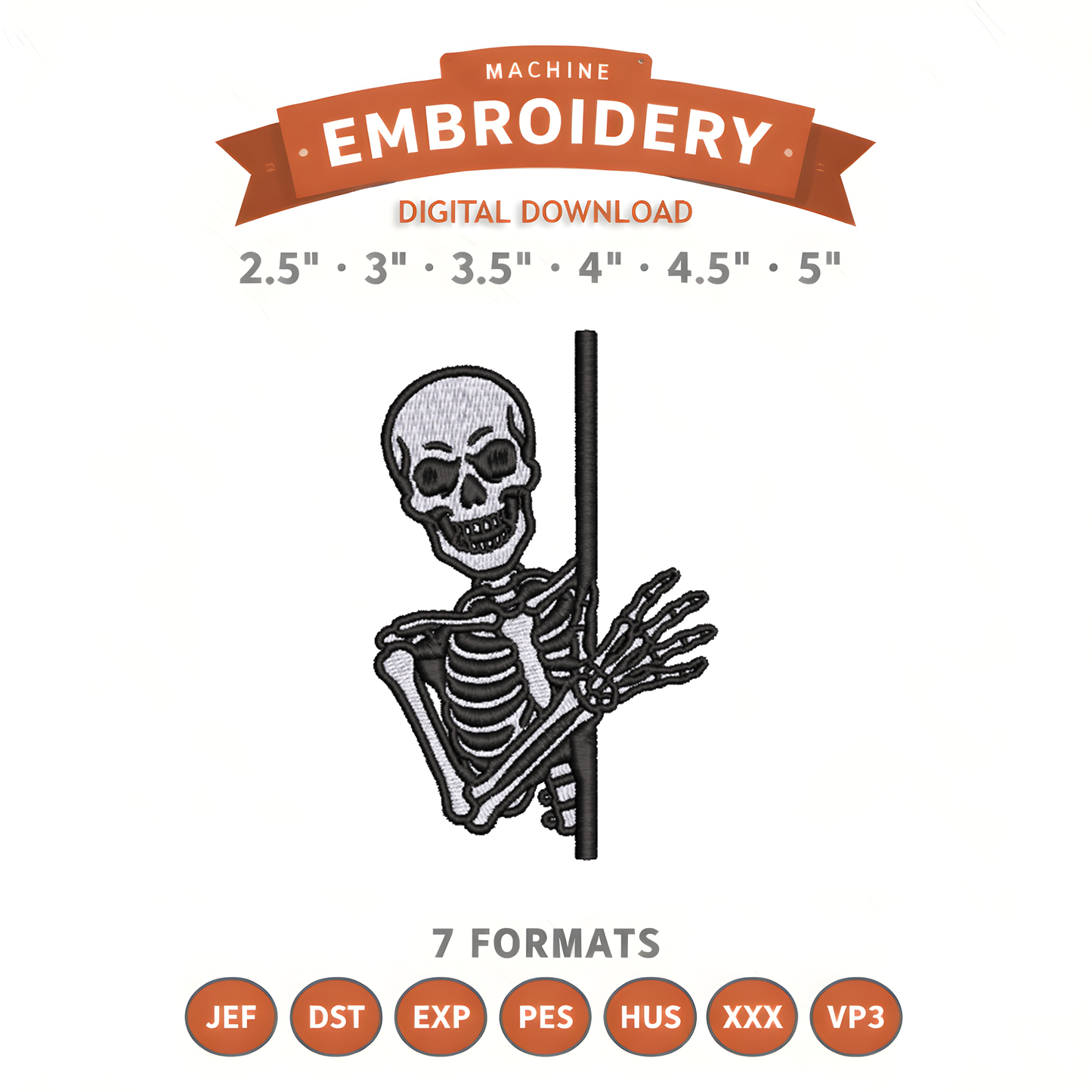 Skeleton Peek Embroidery Design File | Digital Download | 6 Sizes & 7 Formats Included Threaded Dreams