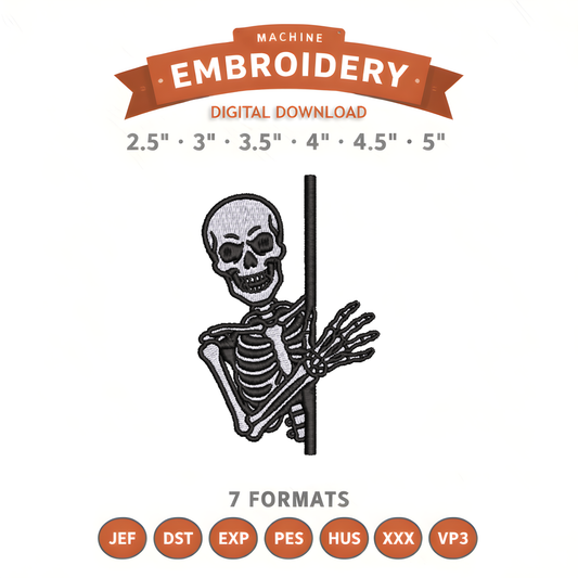 Skeleton Peek Embroidery Design File | Digital Download | 6 Sizes & 7 Formats Included Threaded Dreams