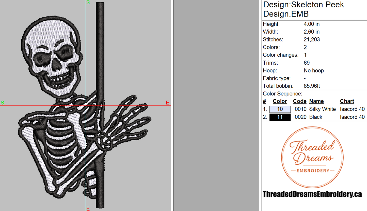 Skeleton Peek Embroidery Design File | Digital Download | 6 Sizes & 7 Formats Included Threaded Dreams