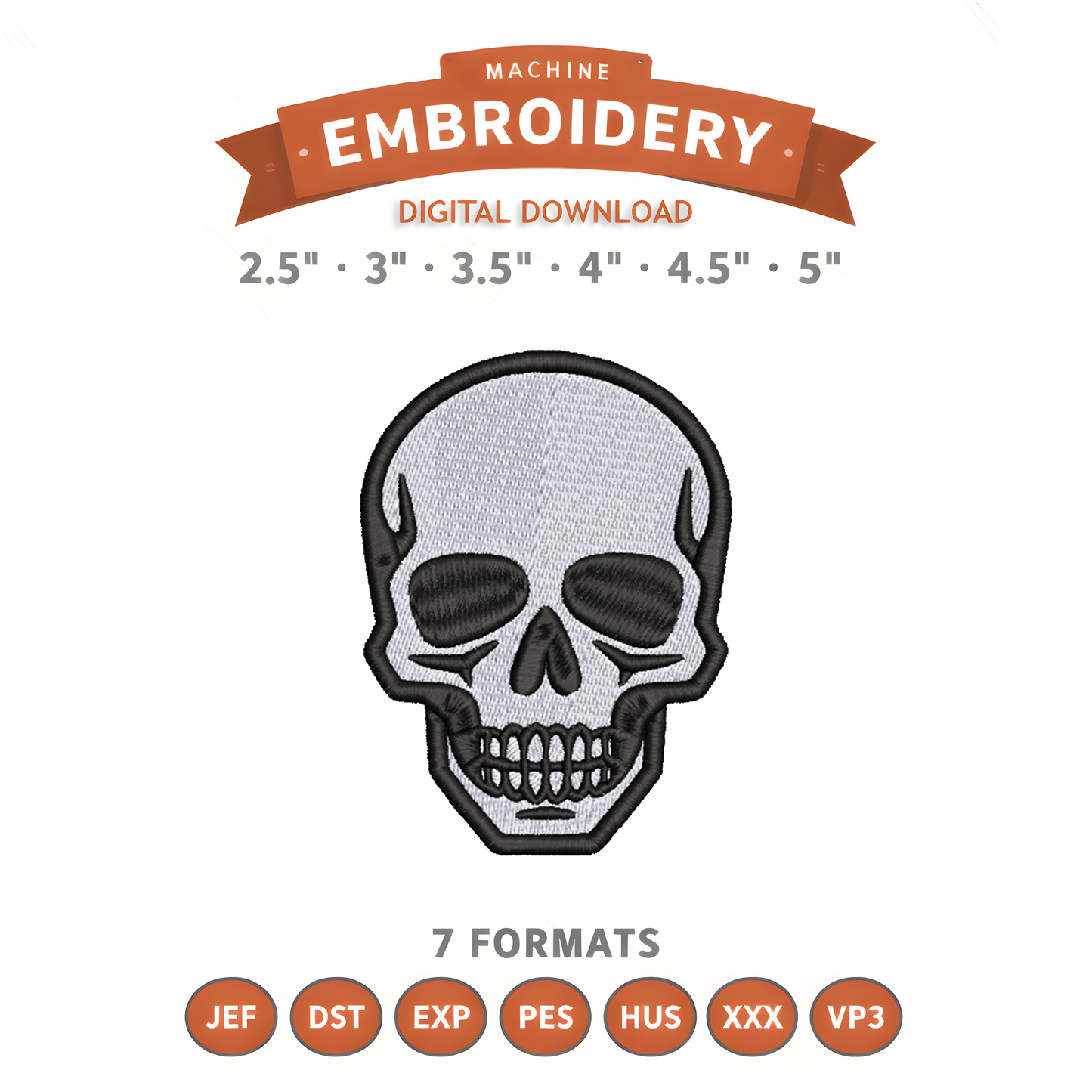 Skull Embroidery Design File | Digital Download | 6 Sizes & 7 Formats Included Threaded Dreams