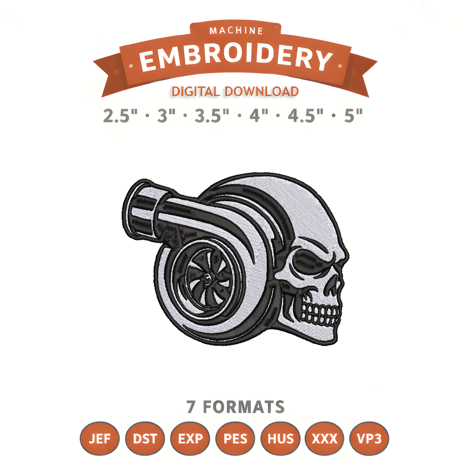 Skull Turbocharger Embroidery Design File | Digital Download | 6 Sizes & 7 Formats Included Threaded Dreams