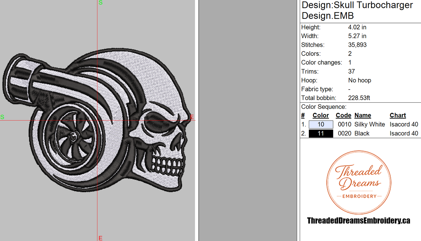 Skull Turbocharger Embroidery Design File | Digital Download | 6 Sizes & 7 Formats Included Threaded Dreams