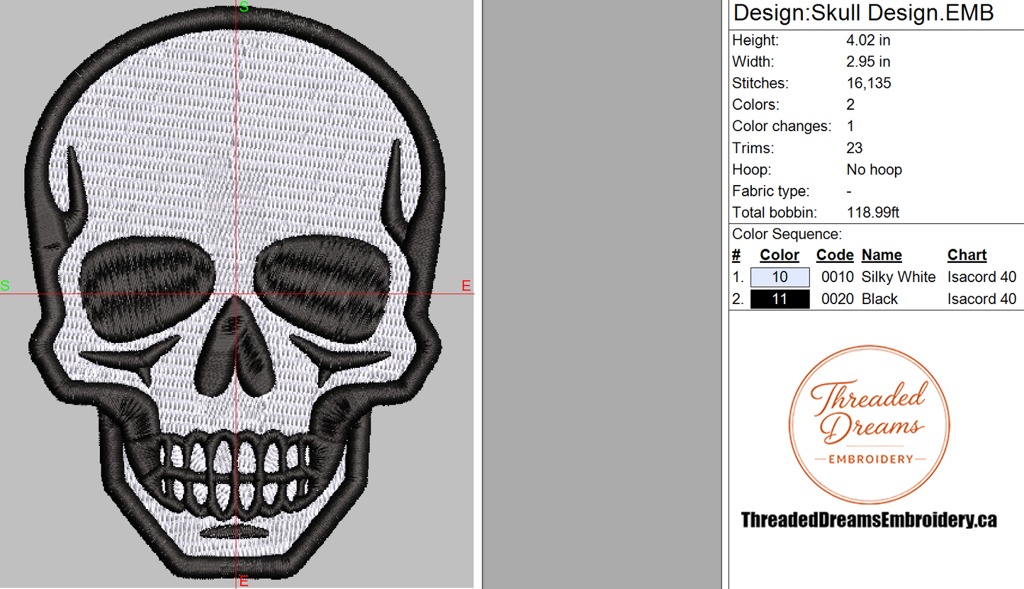 Skull Embroidery Design File | Digital Download | 6 Sizes & 7 Formats Included Threaded Dreams