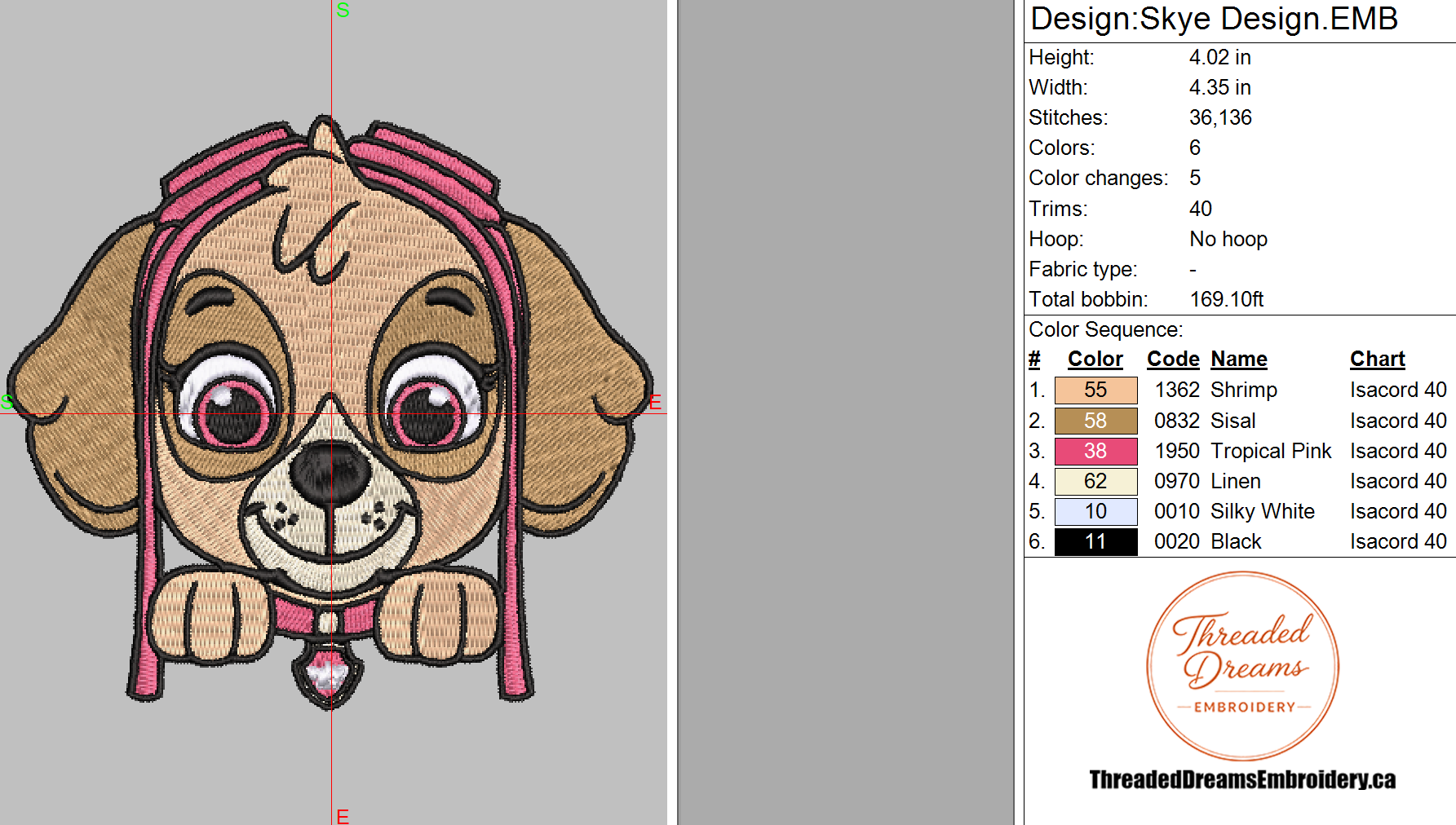 Paw Patrol Skye Embroidery Design File | Digital Download | 6 Sizes & 7 Formats Included Threaded Dreams