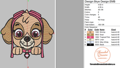 Paw Patrol Skye Embroidery Design File | Digital Download | 6 Sizes & 7 Formats Included Threaded Dreams