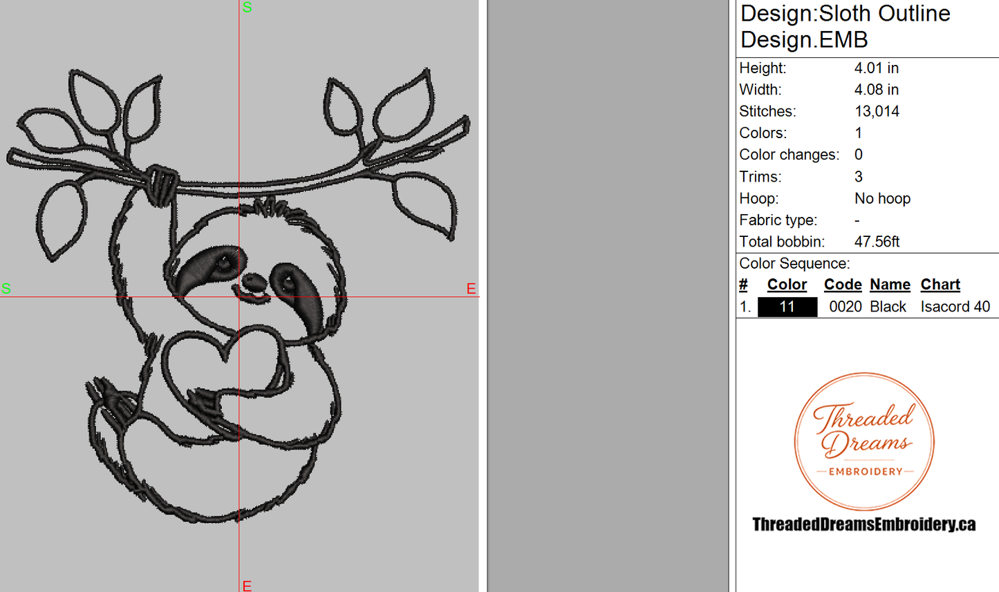 Sloth Outline Embroidery Design File | Digital Download | 6 Sizes & 7 Formats Included Threaded Dreams