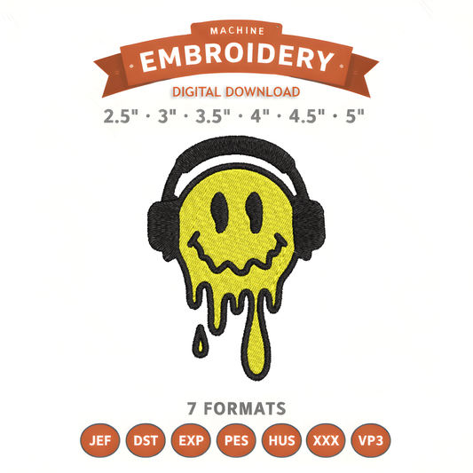 Music Smile Face Embroidery Design File | Digital Download | 6 Sizes & 7 Formats Included Threaded Dreams