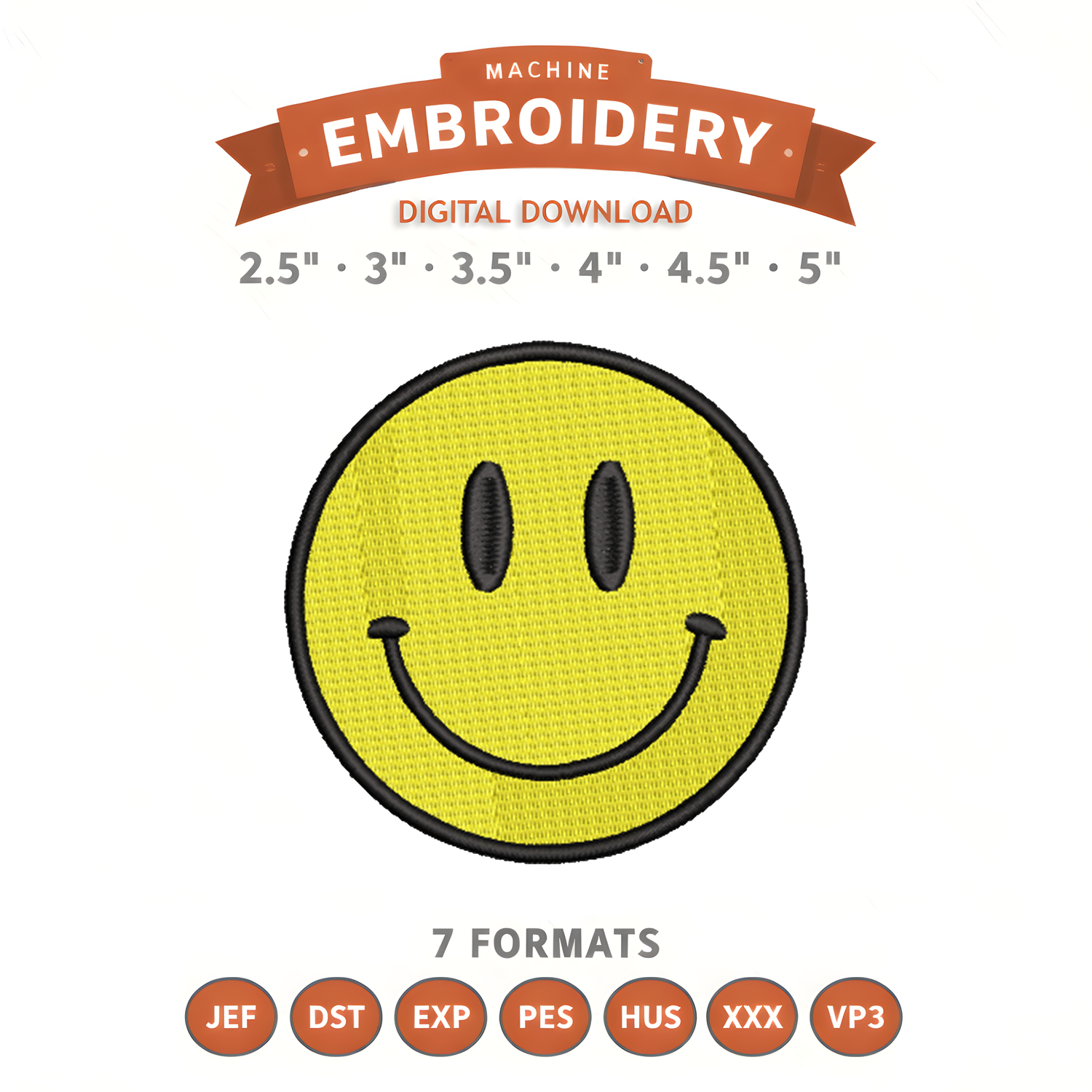 Smile Face Embroidery Design File | Digital Download | 6 Sizes & 7 Formats Included Threaded Dreams