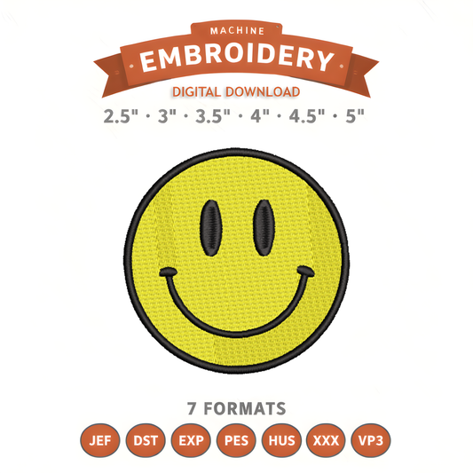Smile Face Embroidery Design File | Digital Download | 6 Sizes & 7 Formats Included Threaded Dreams