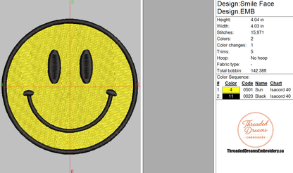 Smile Face Embroidery Design File | Digital Download | 6 Sizes & 7 Formats Included Threaded Dreams