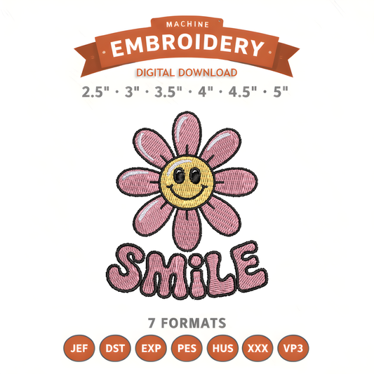 Smile Flower Embroidery Design File | Digital Download | 6 Sizes & 7 Formats Included (Copy) Threaded Dreams