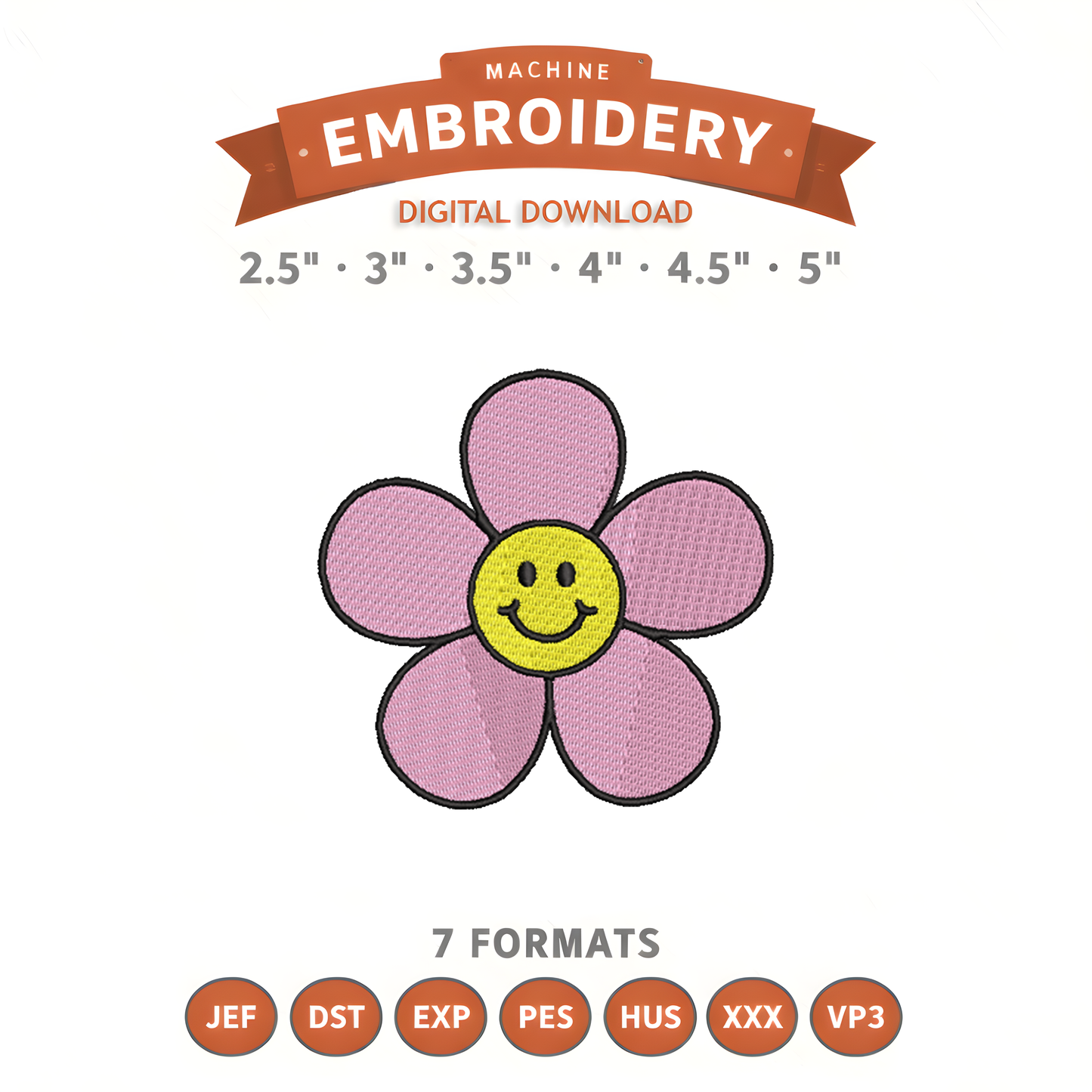 Flower With Smile Face Embroidery Design File | Digital Download | 6 Sizes & 7 Formats Included Threaded Dreams