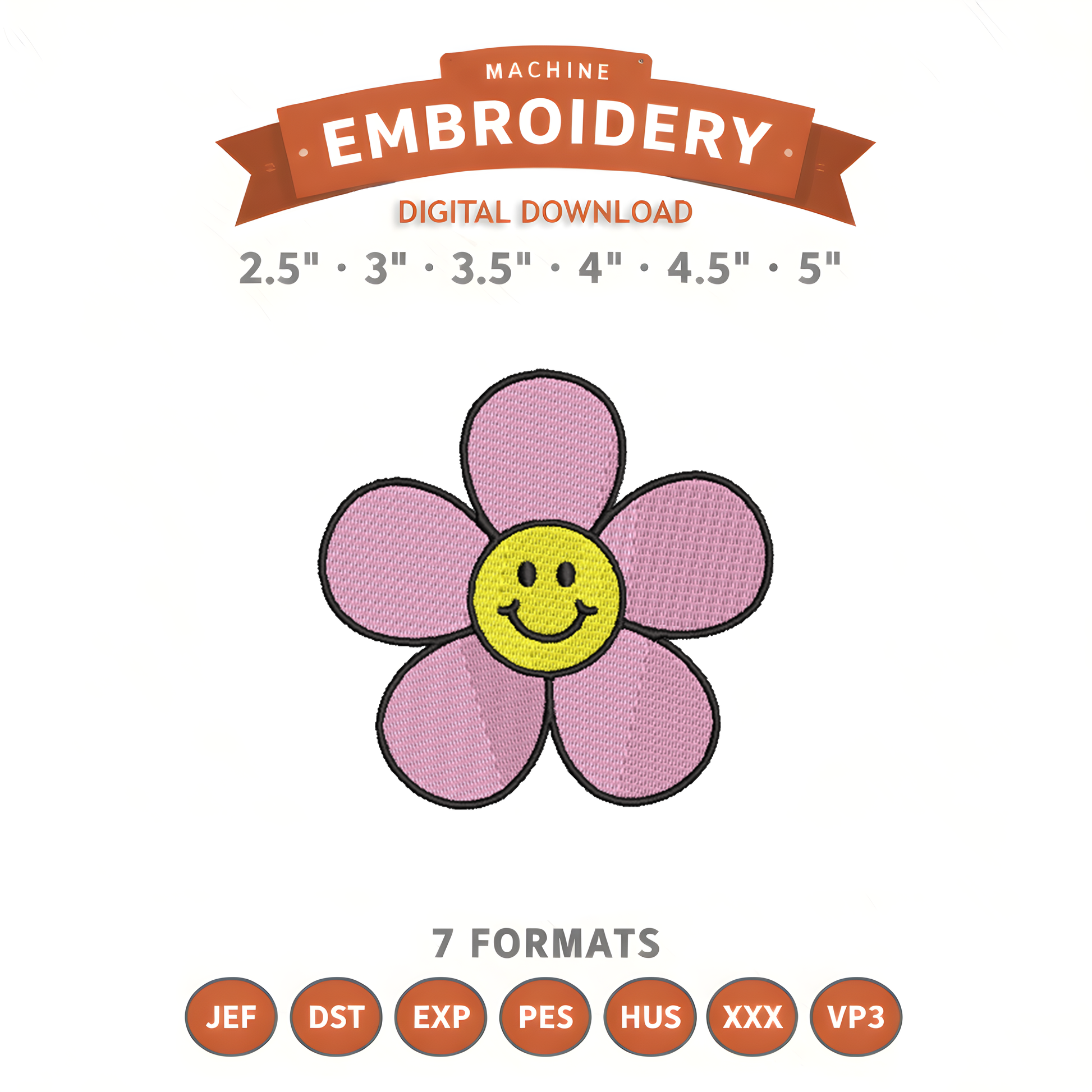 Flower With Smile Face Embroidery Design File | Digital Download | 6 Sizes & 7 Formats Included Threaded Dreams