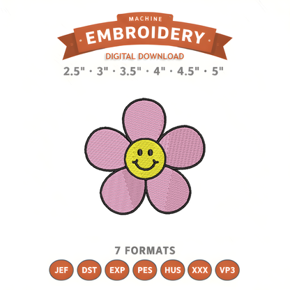 Flower With Smile Face Embroidery Design File | Digital Download | 6 Sizes & 7 Formats Included Threaded Dreams