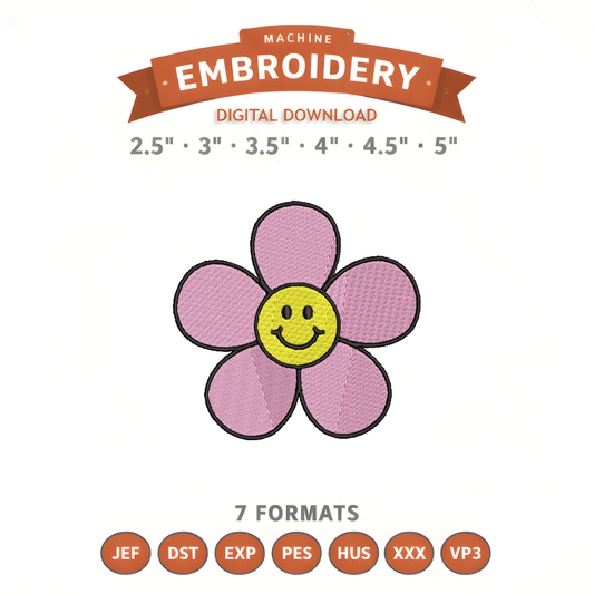 Flower With Smile Face Embroidery Design File | Digital Download | 6 Sizes & 7 Formats Included Threaded Dreams