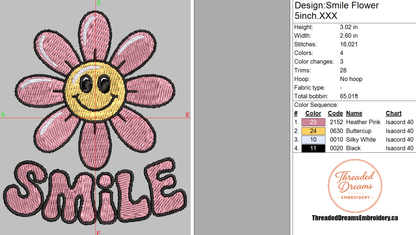 Smile Flower Embroidery Design File | Digital Download | 6 Sizes & 7 Formats Included (Copy) Threaded Dreams