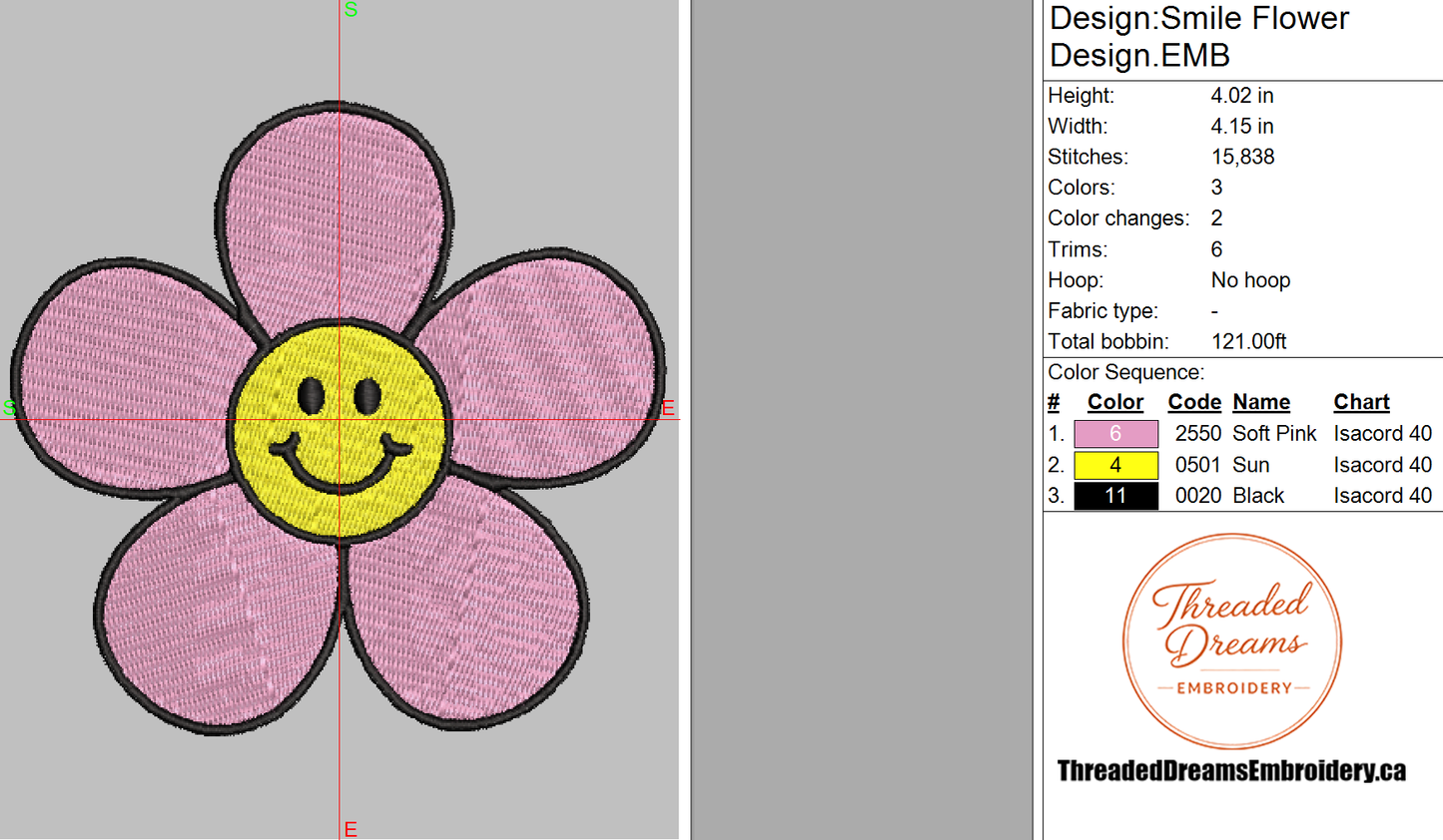 Flower With Smile Face Embroidery Design File | Digital Download | 6 Sizes & 7 Formats Included Threaded Dreams