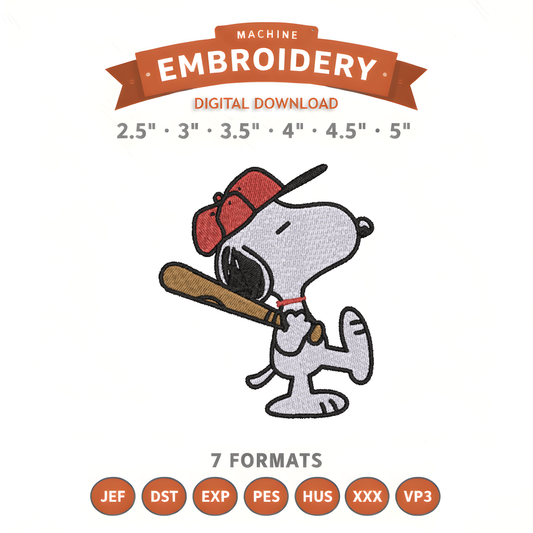 Snoopy Baseball Embroidery Design File | Digital Download | 6 Sizes & 7 Formats Included Threaded Dreams