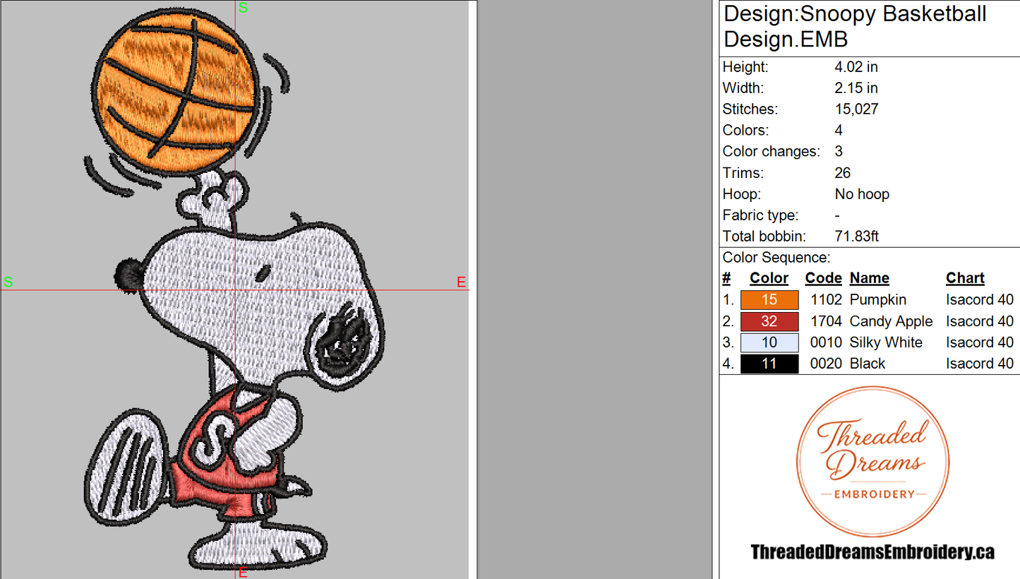 Snoopy Basketball Embroidery Design File | Digital Download | 6 Sizes & 7 Formats Included Threaded Dreams