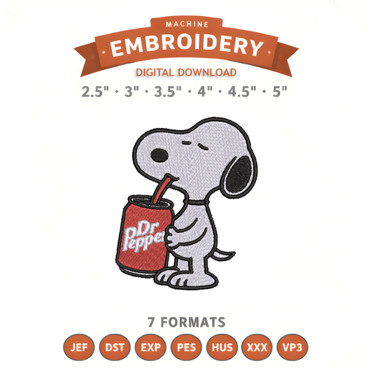 Snoopy Dr Pepper Embroidery Design File | Digital Download | 6 Sizes & 7 Formats Included Threaded Dreams
