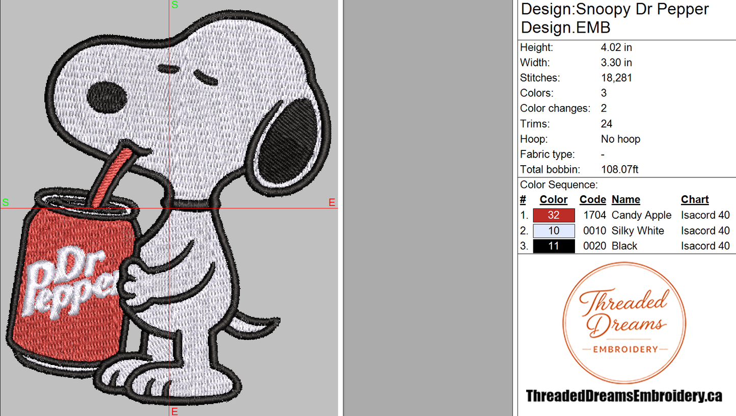 Snoopy Dr Pepper Embroidery Design File | Digital Download | 6 Sizes & 7 Formats Included Threaded Dreams