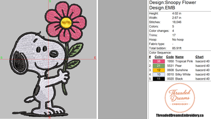 Snoopy Flower Embroidery Design File | Digital Download | 6 Sizes & 7 Formats Included Threaded Dreams