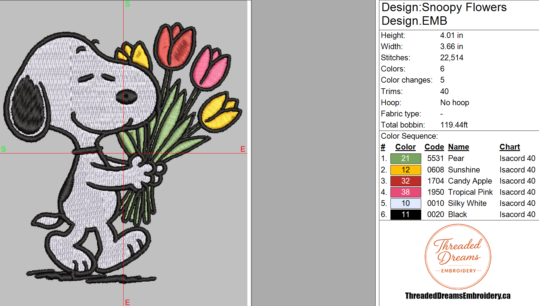 Snoopy Flowers Embroidery Design File | Digital Download | 6 Sizes & 7 Formats Included Threaded Dreams