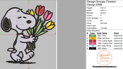 Snoopy Flowers Embroidery Design File | Digital Download | 6 Sizes & 7 Formats Included Threaded Dreams