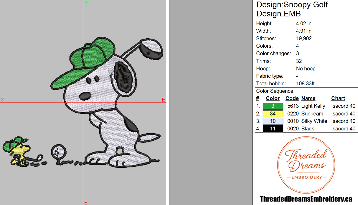 Snoopy Golf Embroidery Design File | Digital Download | 6 Sizes & 7 Formats Included Threaded Dreams