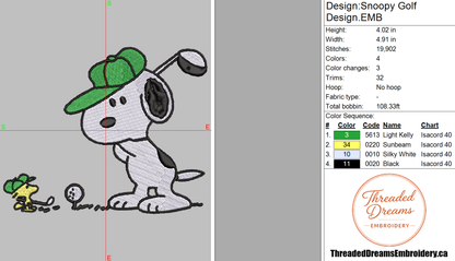 Snoopy Golf Embroidery Design File | Digital Download | 6 Sizes & 7 Formats Included Threaded Dreams