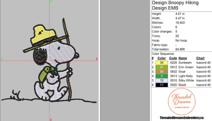 Snoopy Hiking Embroidery Design File | Digital Download | 6 Sizes & 7 Formats Included Threaded Dreams