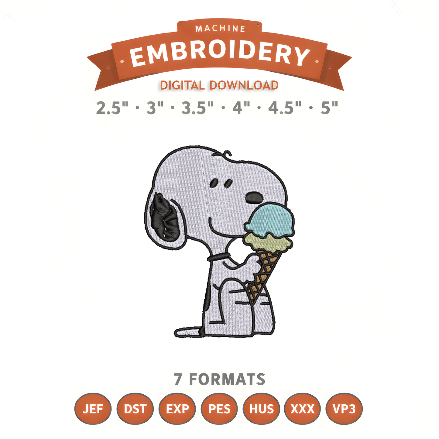 Snoopy Ice Cream Embroidery Design File | Digital Download | 6 Sizes & 7 Formats Included Threaded Dreams