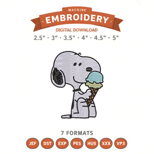 Snoopy Ice Cream Embroidery Design File | Digital Download | 6 Sizes & 7 Formats Included Threaded Dreams