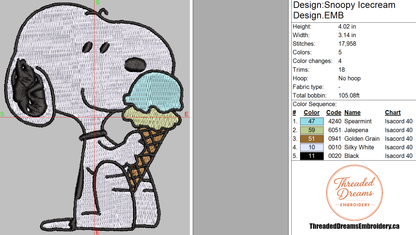 Snoopy Ice Cream Embroidery Design File | Digital Download | 6 Sizes & 7 Formats Included Threaded Dreams