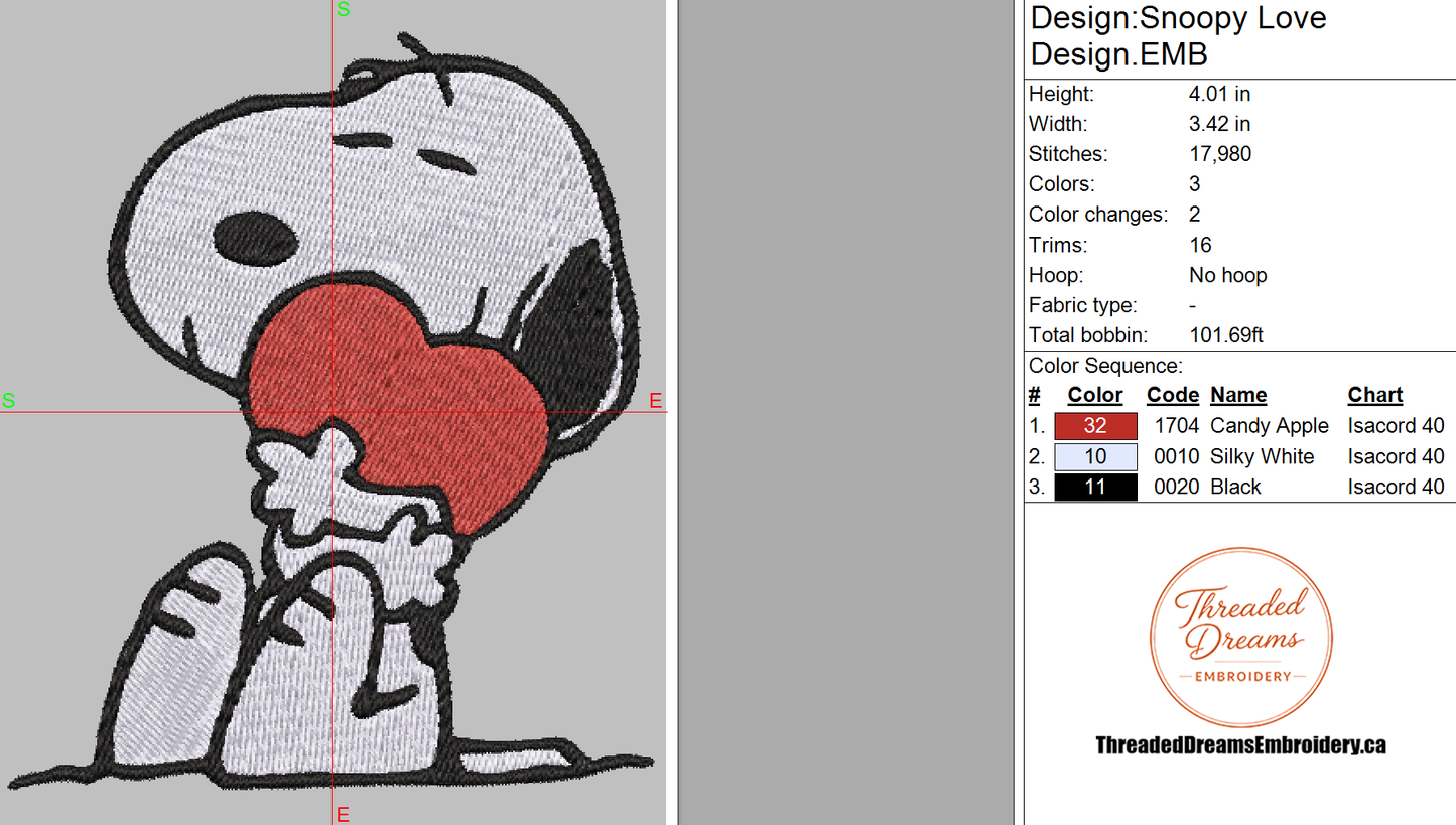 Snoopy Love Embroidery Design File | Digital Download | 6 Sizes & 7 Formats Included Threaded Dreams