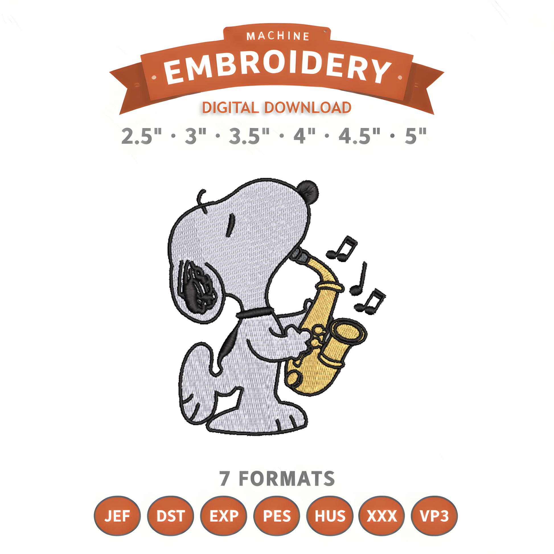 Snoopy Sax Embroidery Design File | Digital Download | 6 Sizes & 7 Formats Included Threaded Dreams