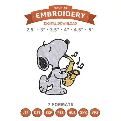 Snoopy Sax Embroidery Design File | Digital Download | 6 Sizes & 7 Formats Included Threaded Dreams