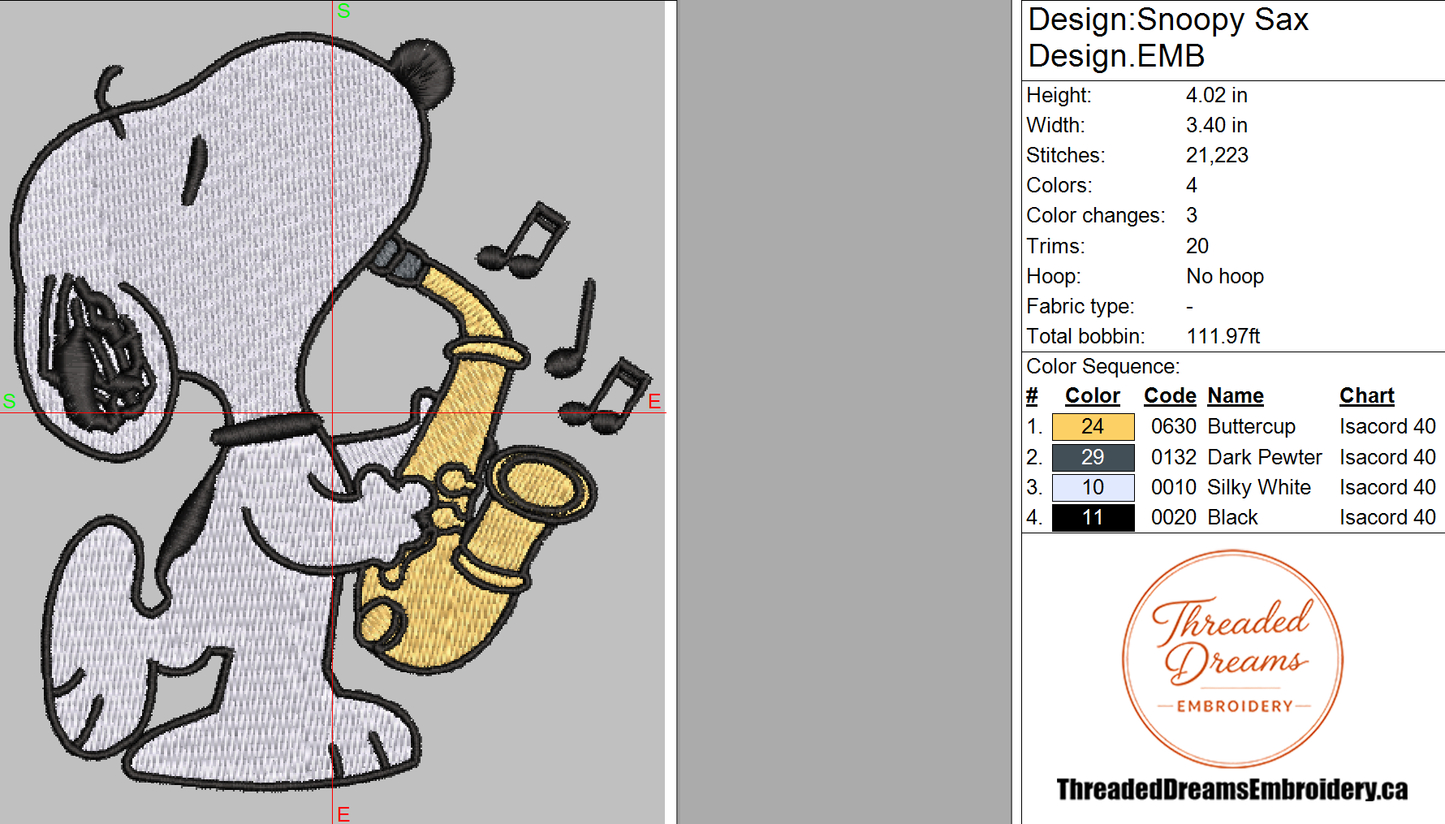 Snoopy Sax Embroidery Design File | Digital Download | 6 Sizes & 7 Formats Included Threaded Dreams