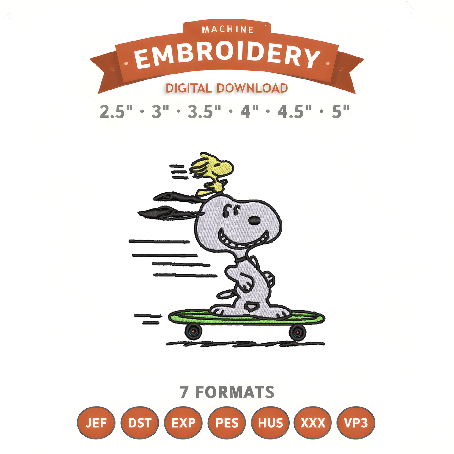 Snoopy Skateboard Embroidery Design File | Digital Download | 6 Sizes & 7 Formats Included Threaded Dreams