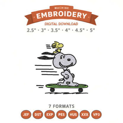 Snoopy Skateboard Embroidery Design File | Digital Download | 6 Sizes & 7 Formats Included Threaded Dreams
