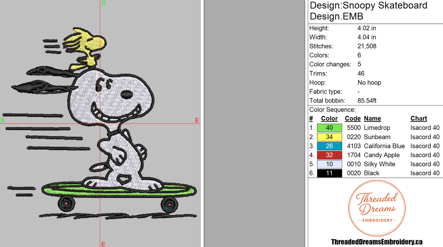 Snoopy Skateboard Embroidery Design File | Digital Download | 6 Sizes & 7 Formats Included Threaded Dreams