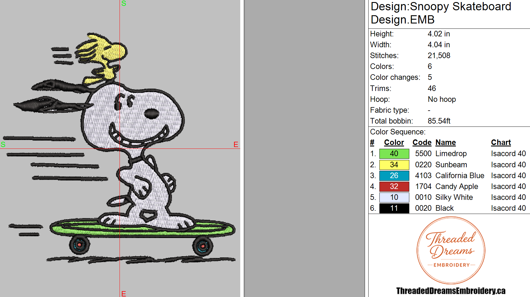 Snoopy Skateboard Embroidery Design File | Digital Download | 6 Sizes & 7 Formats Included Threaded Dreams